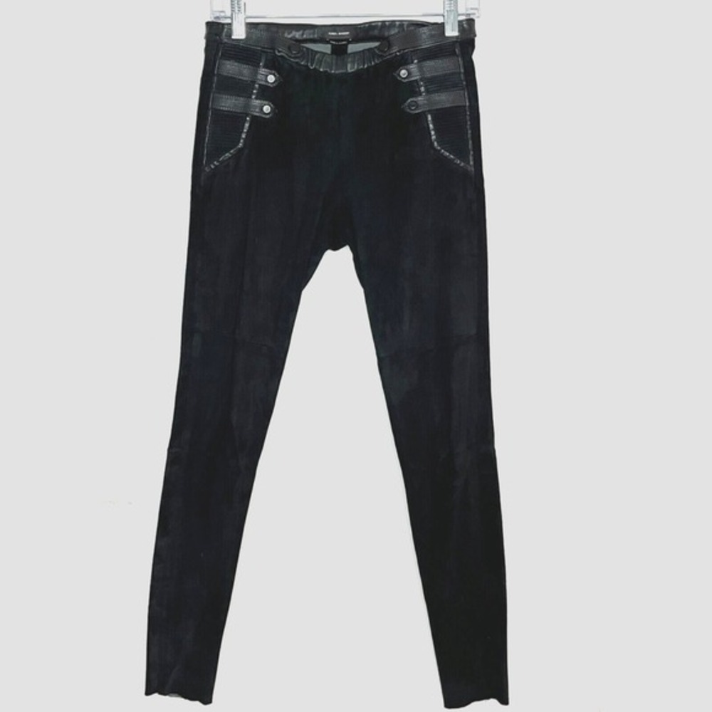 ISABEL MARANT Lambskin Velvet Leather Skinny Pants Black Trim Stretch Waist Sz S